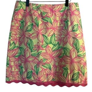 Vintage Lilly Pulitzer White Label Green and Pink Hawaiian Plumeria Print Skirt